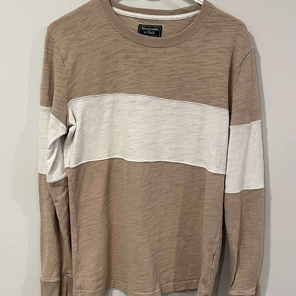 Abercrombie & Fitch Beige and White Striped Long Sleeve Tee Sweater